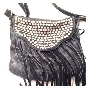 Cut N Paste Black Leather Studded Fringe Crossbody